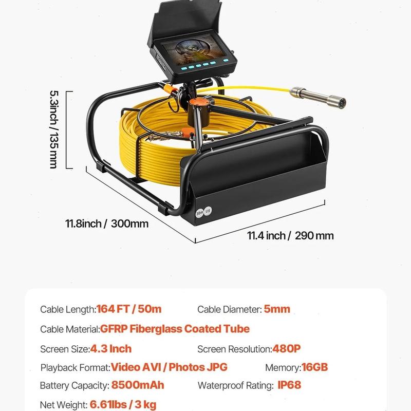 VEVOR Video Sewer Camera with 20m/66ft Snake Cable, 4.3in Screen Industrial Endoscope, IP68 Waterproof, DVR Record, LED Lights, SD Card, Batteries, Flexible Spring Turns Easily, Drainage Pipe Inspect Tool for Plumbers, Car Repair & Home Plumbing