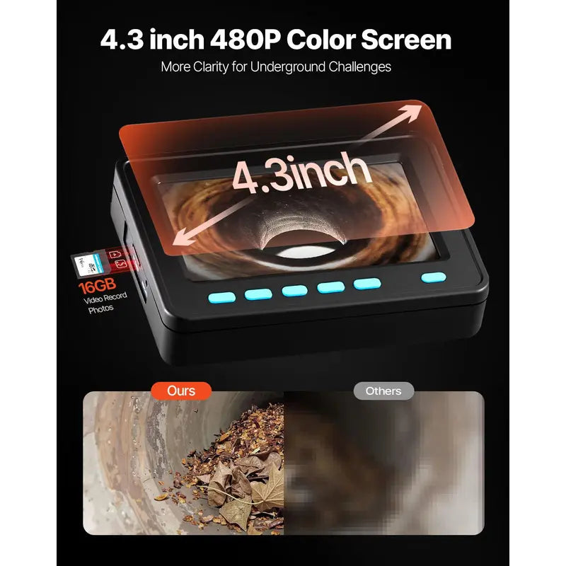 VEVOR Video Sewer Camera with 20m/66ft Snake Cable, 4.3in Screen Industrial Endoscope, IP68 Waterproof, DVR Record, LED Lights, SD Card, Batteries, Flexible Spring Turns Easily, Drainage Pipe Inspect Tool for Plumbers, Car Repair & Home Plumbing