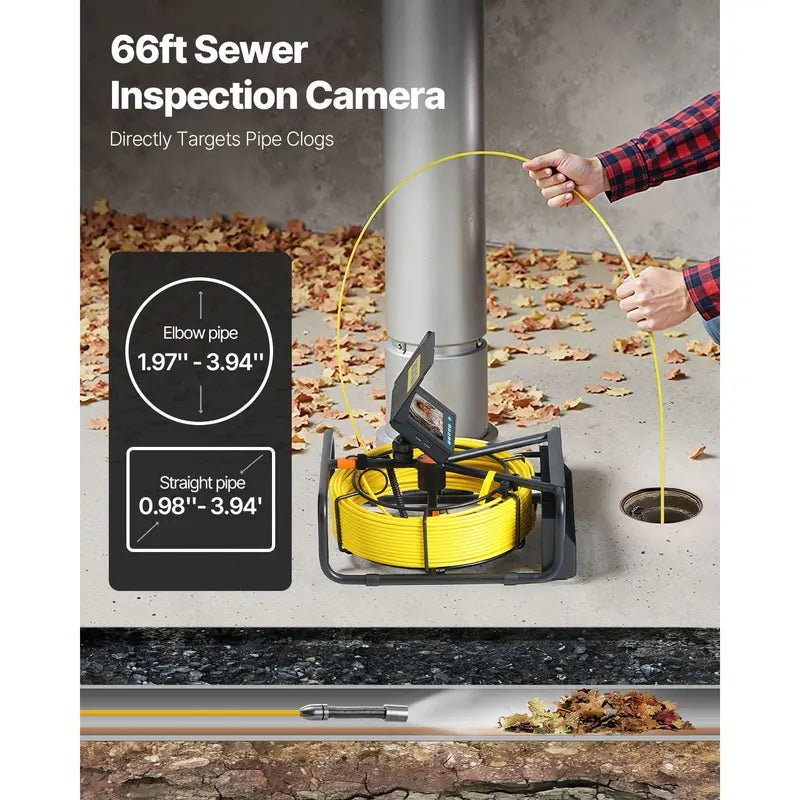VEVOR Video Sewer Camera with 20m/66ft Snake Cable, 4.3in Screen Industrial Endoscope, IP68 Waterproof, DVR Record, LED Lights, SD Card, Batteries, Flexible Spring Turns Easily, Drainage Pipe Inspect Tool for Plumbers, Car Repair & Home Plumbing