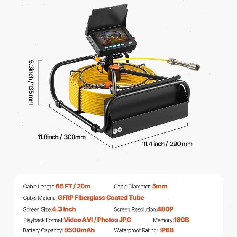 VEVOR Video Sewer Camera with 20m/66ft Snake Cable, 4.3in Screen Industrial Endoscope, IP68 Waterproof, DVR Record, LED Lights, SD Card, Batteries, Flexible Spring Turns Easily, Drainage Pipe Inspect Tool for Plumbers, Car Repair & Home Plumbing